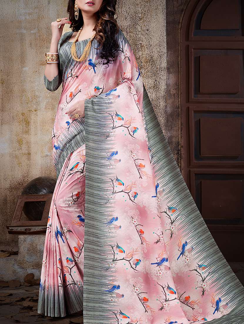 pink cotton silk printed saree with blouse