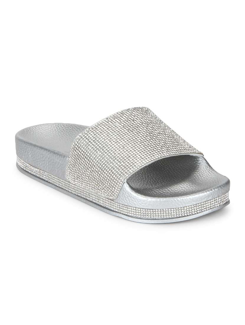 silver patent leather slides