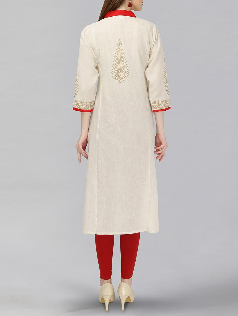 cream cotton solid straight kurta - 15148219 - Standard Image - 2