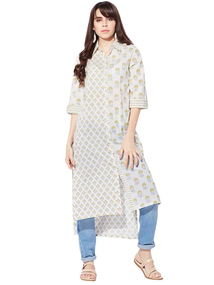 yellow cotton highlow kurta