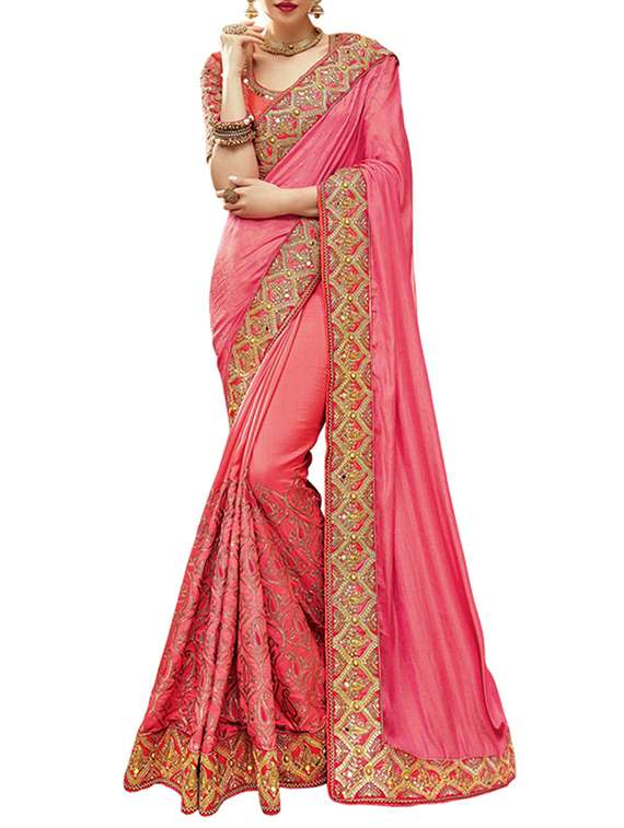 pink matka silk embroidered saree with blouse