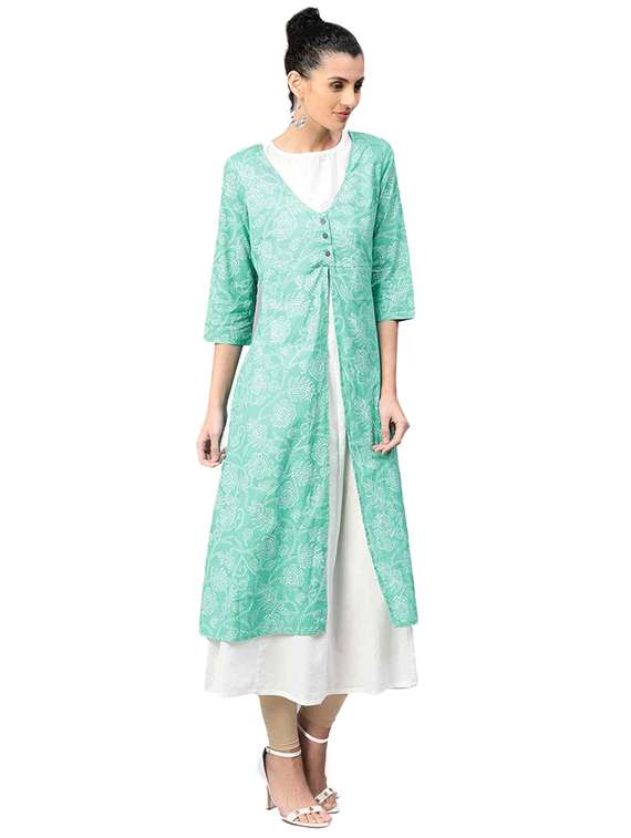 green cotton layered kurta