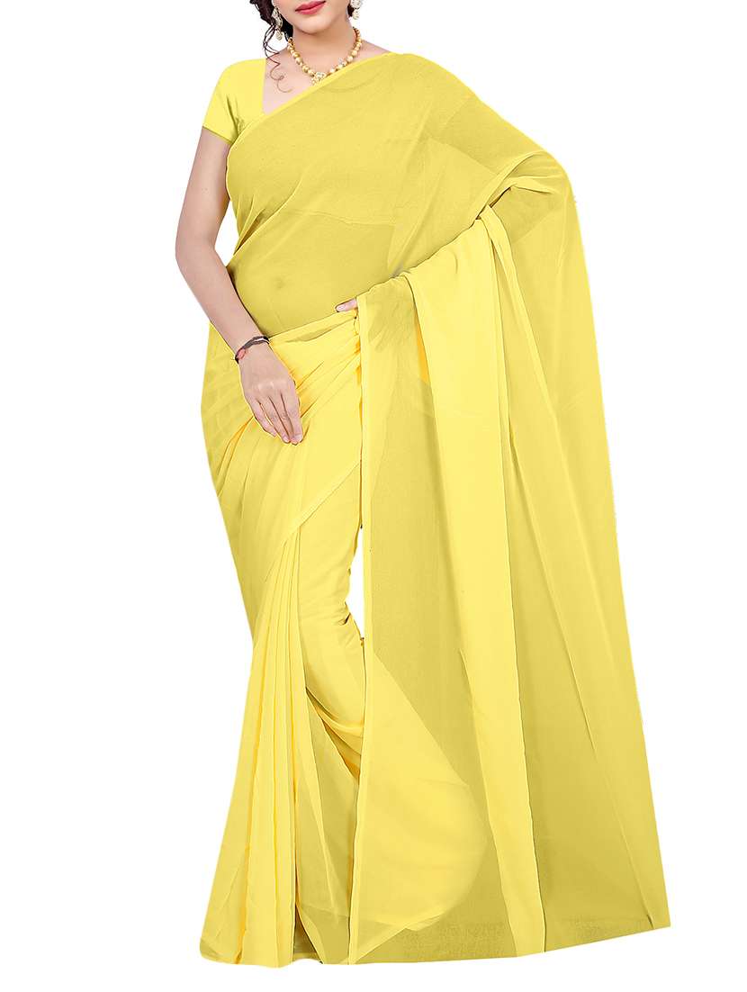 women's solid yellow colored saree with blouse