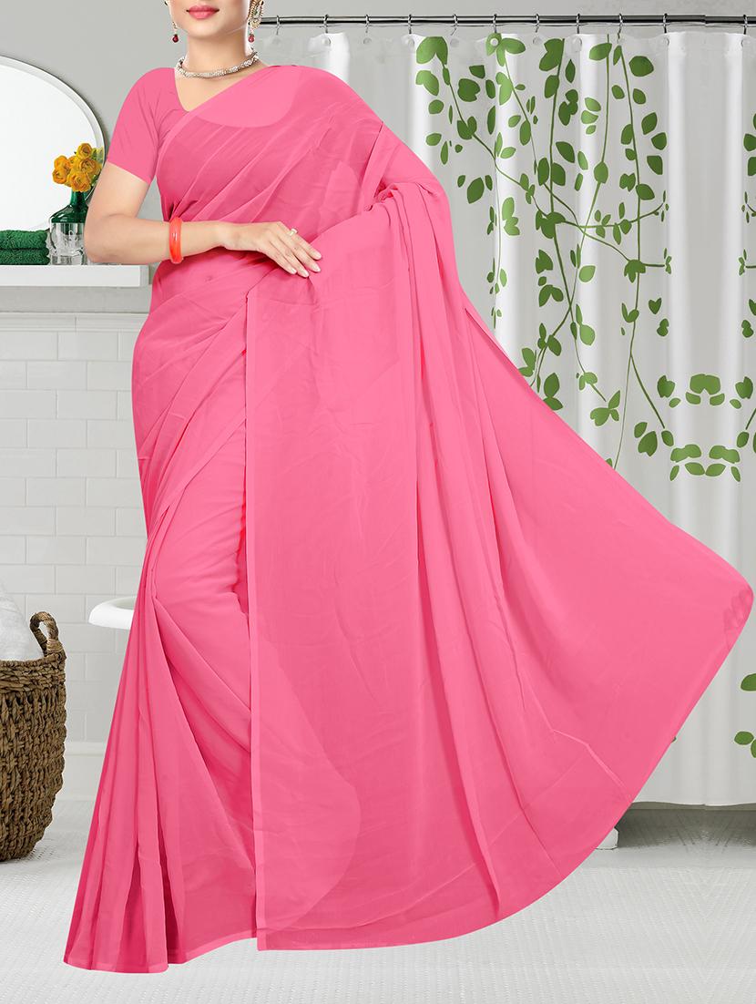 women's solid pink colored saree with blouse - 15155230 - Zoom Image - 0
