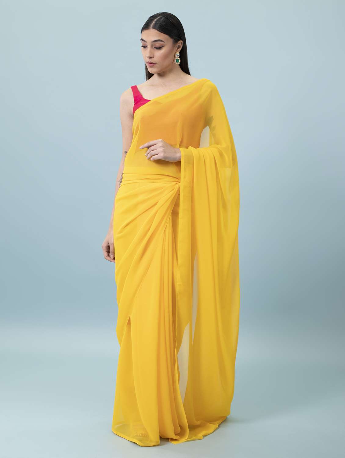 women's solid yellow colored saree with blouse