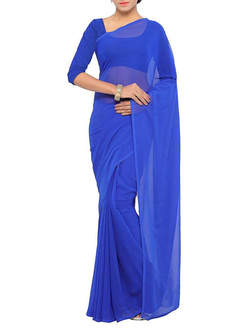 women's solid royal blue colored saree with blouse