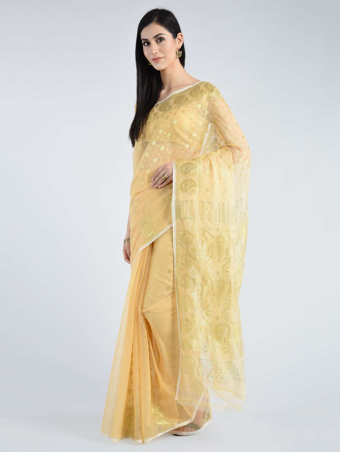 gold zari beige jamdani saree