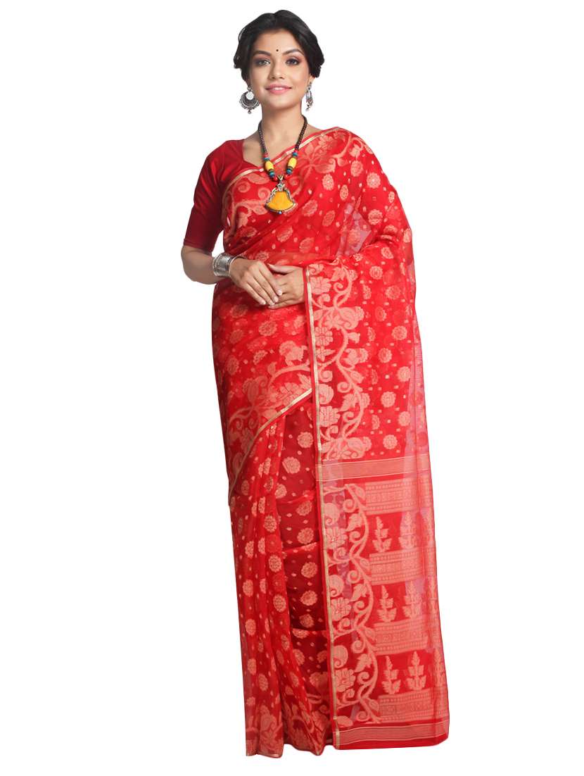 PinkLoom Red Dhakai Jamdani Saree of Silk with blouse