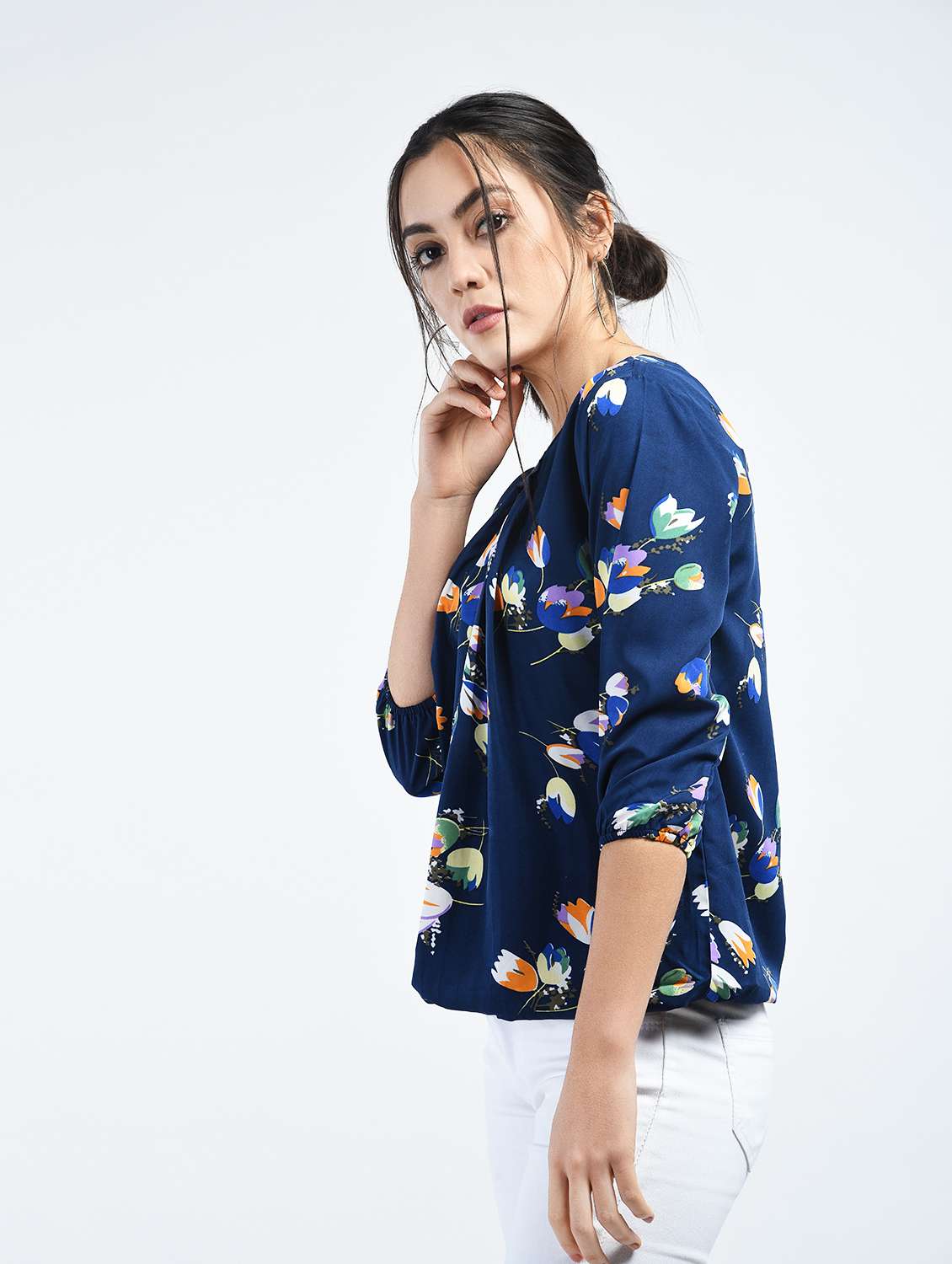 pleated neck floral blouson top