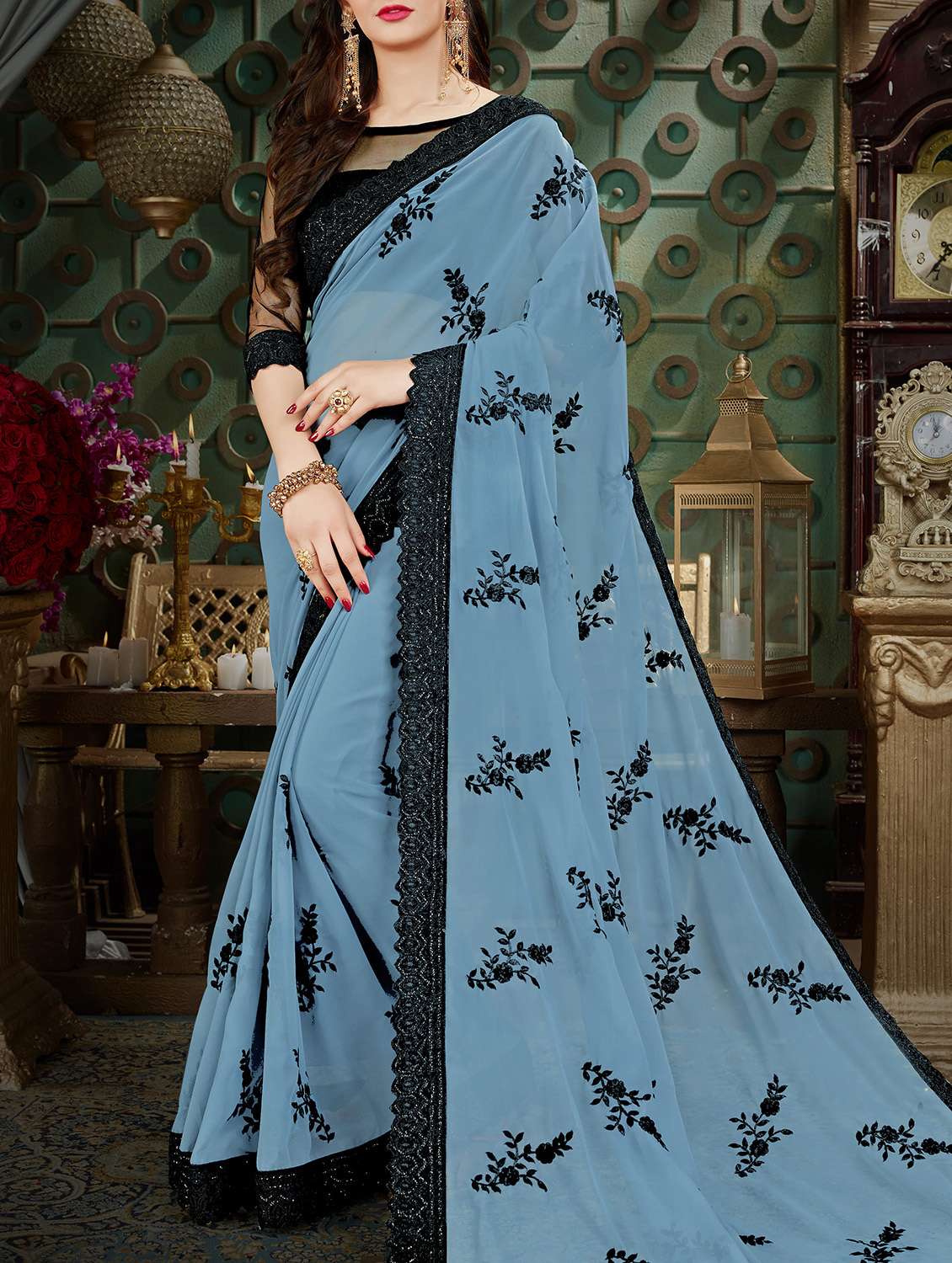 grey georgette embroidered saree