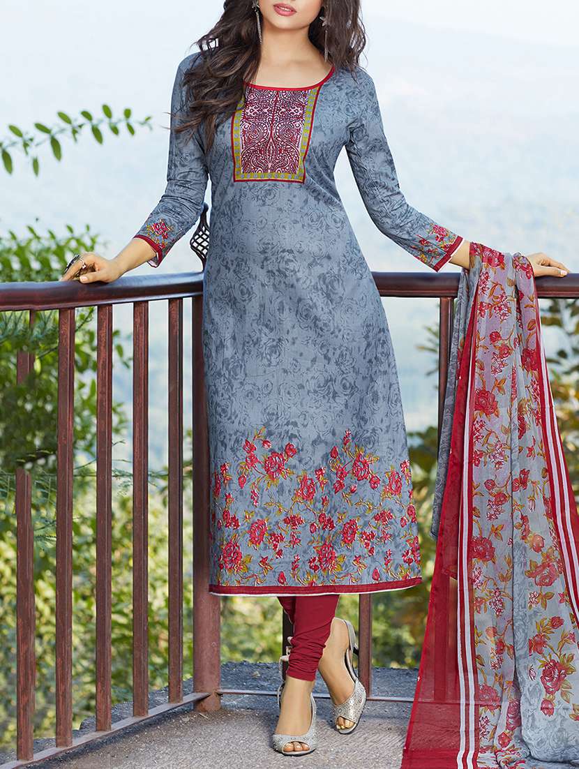 Grey cotton unstitched churidaar suit