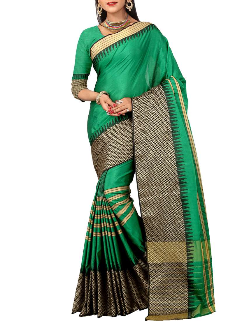 green raw silk woven saree with blouse