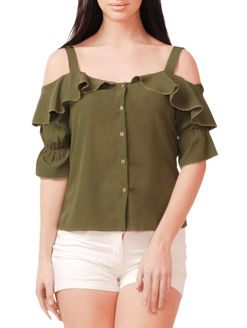 olive crepe ruffle top