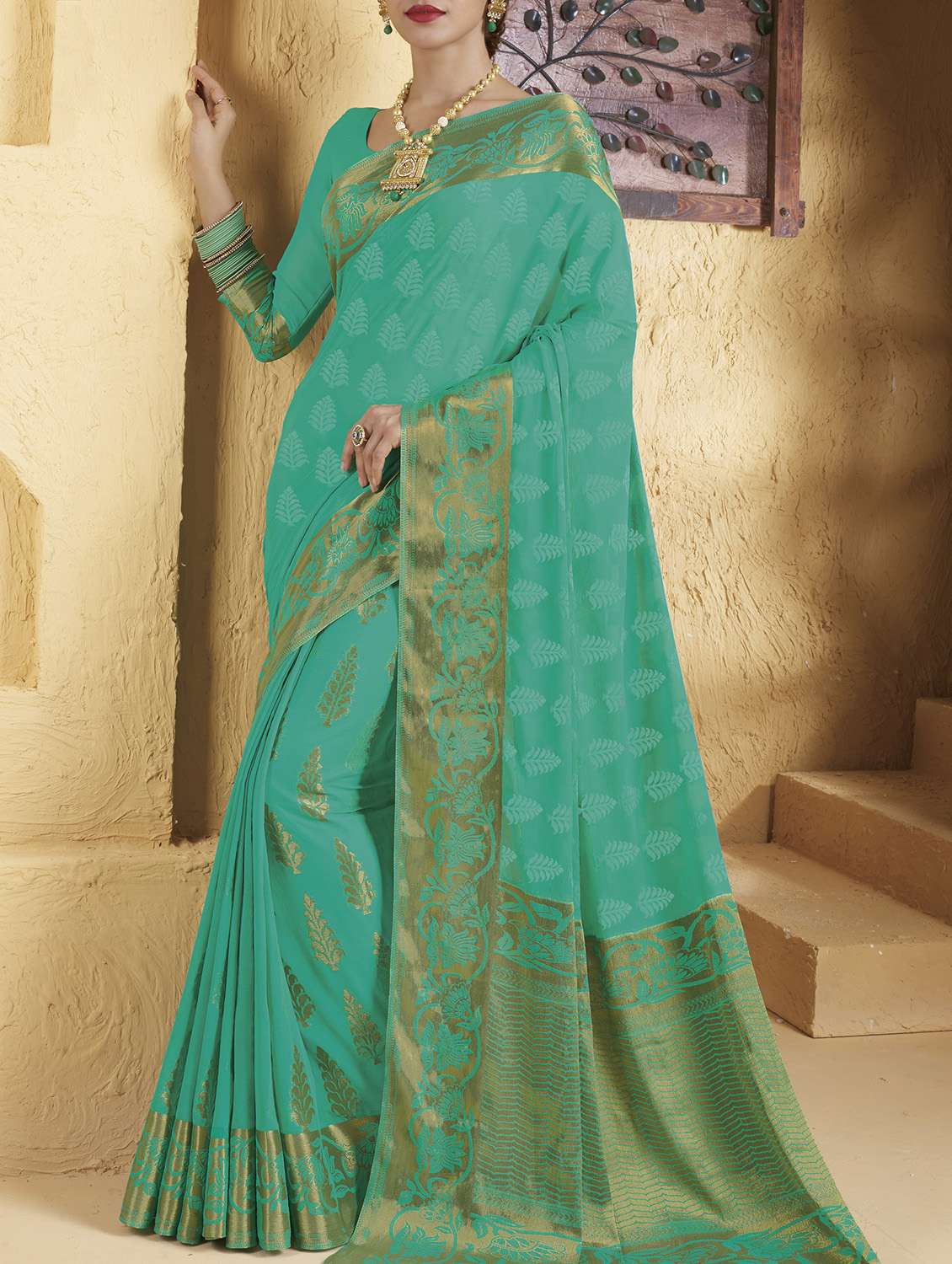 golden zari woven saree with blouse