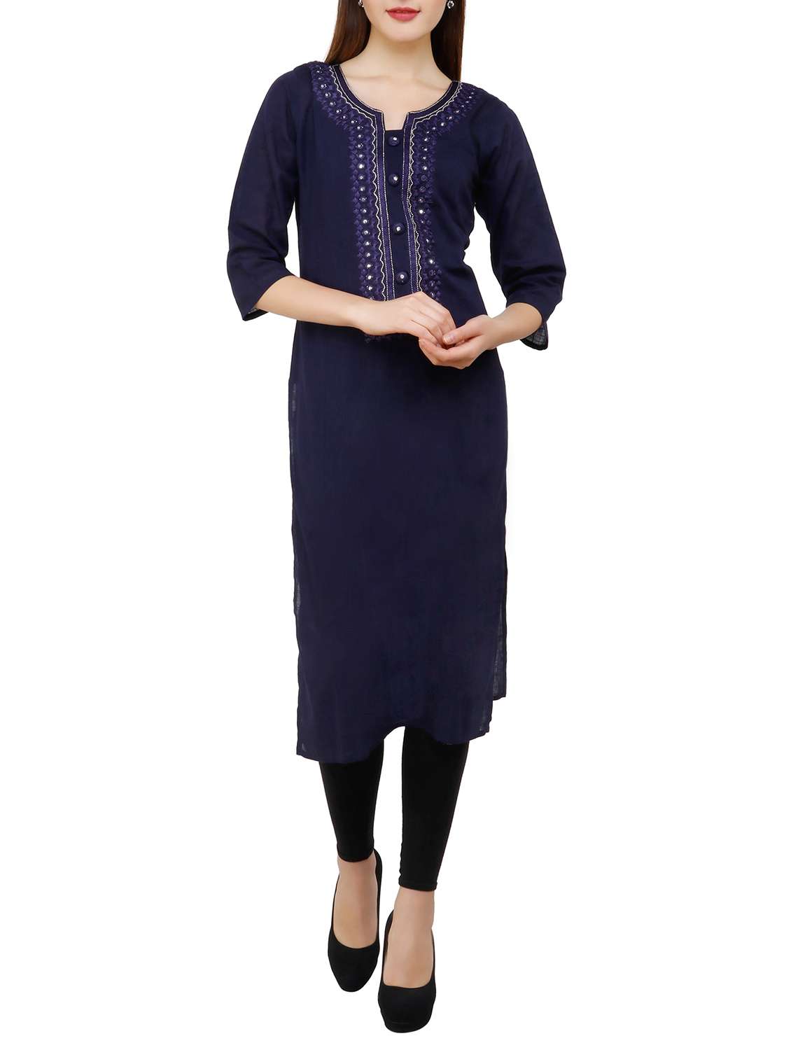 blue cotton straight solid kurta