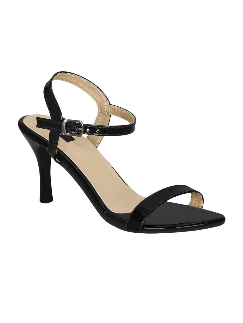 black faux leather ankle strap sandals