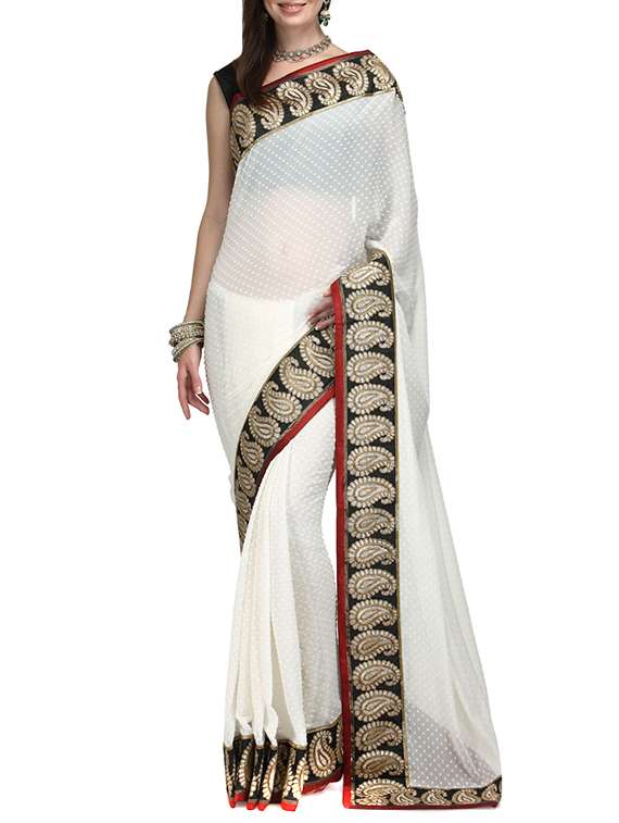 white chiffon woven saree with blouse