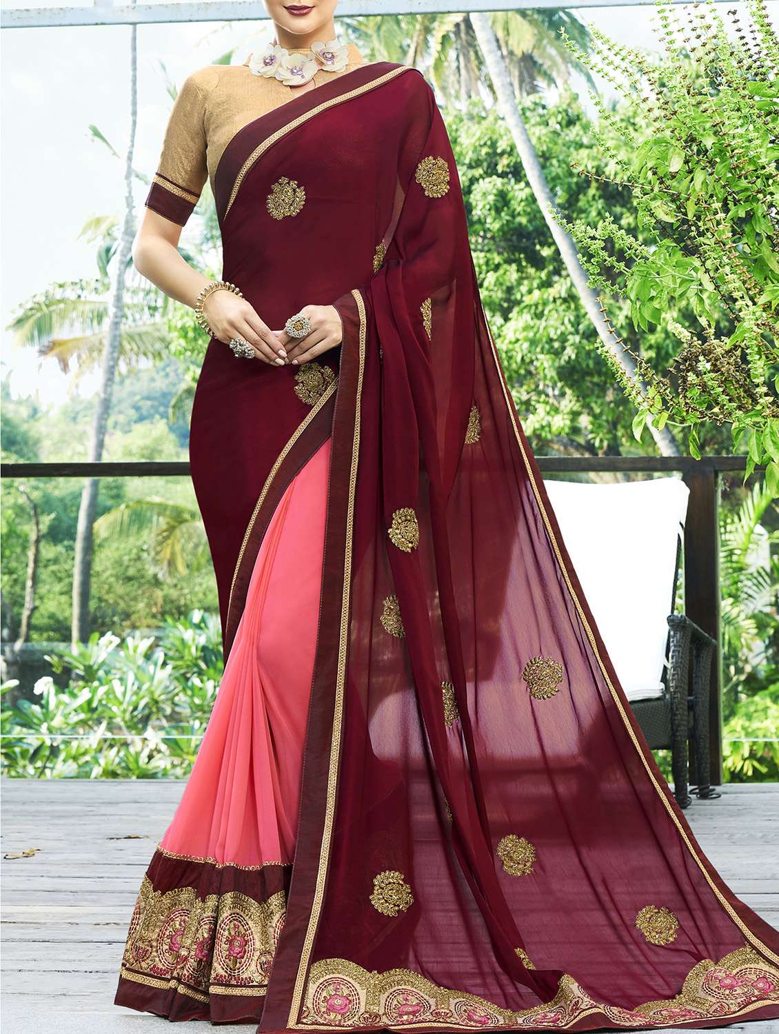 maroon georgette half and half saree with blouse