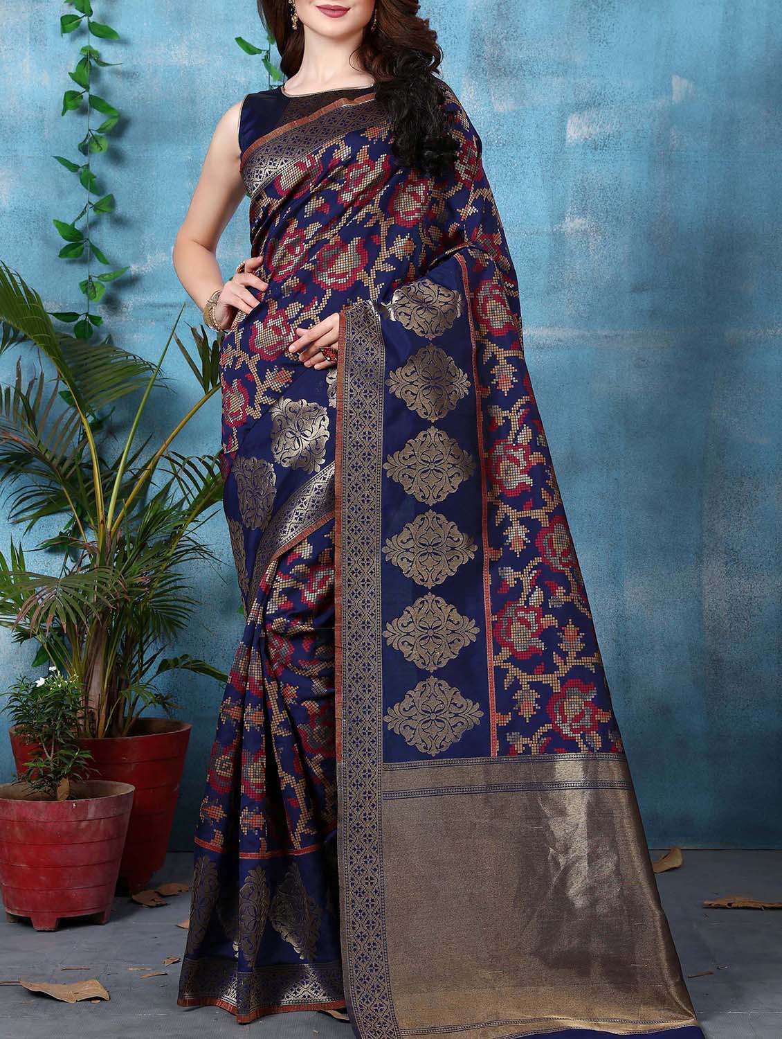 navy silk saree with blouse