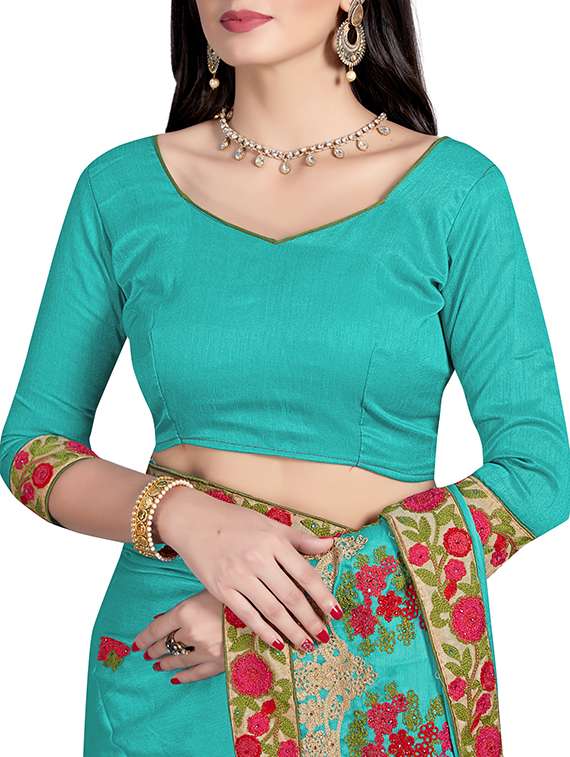turquoise embroidered saree with blouse - 15200147 -  Standard Image - 2