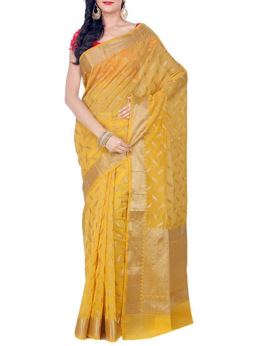 yellow cotton silk banarasi saree with blouse