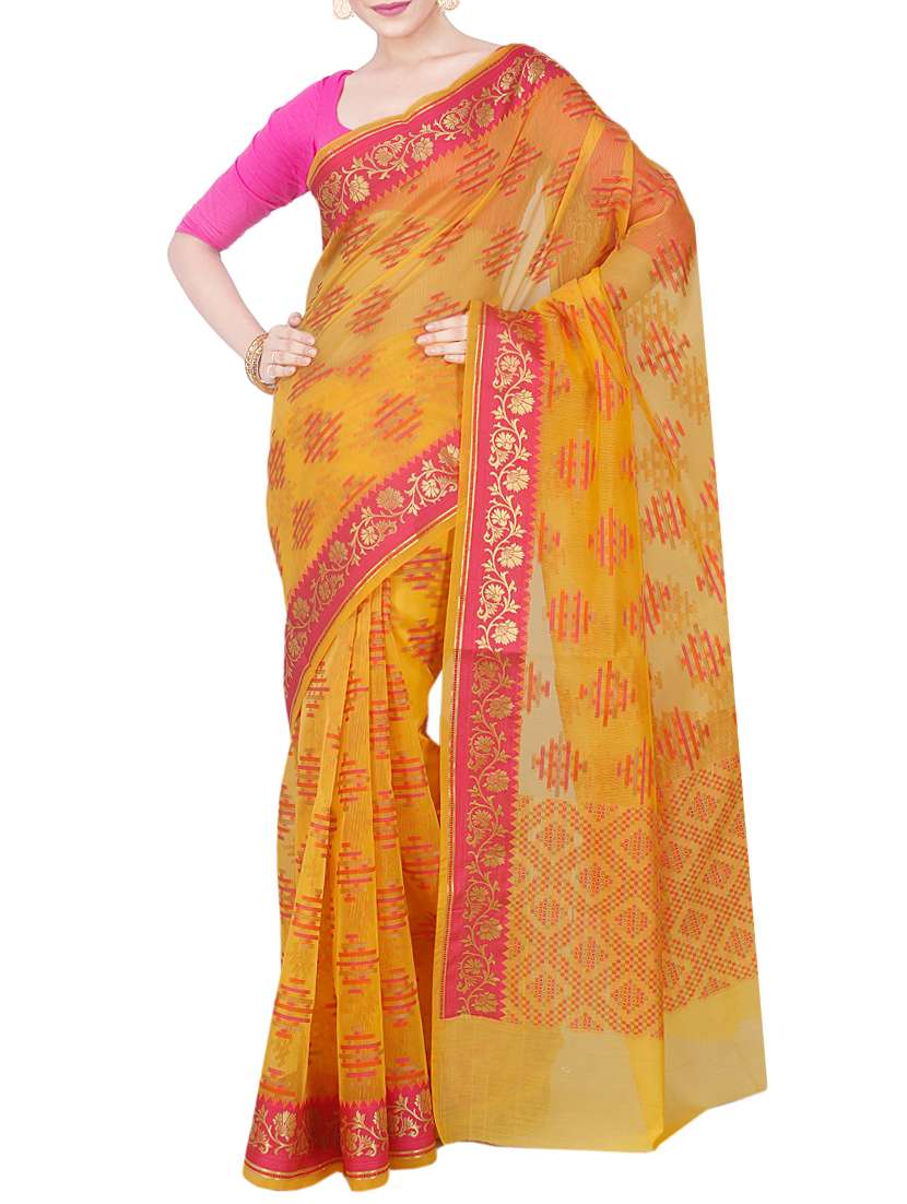 yellow cotton blend woven saree