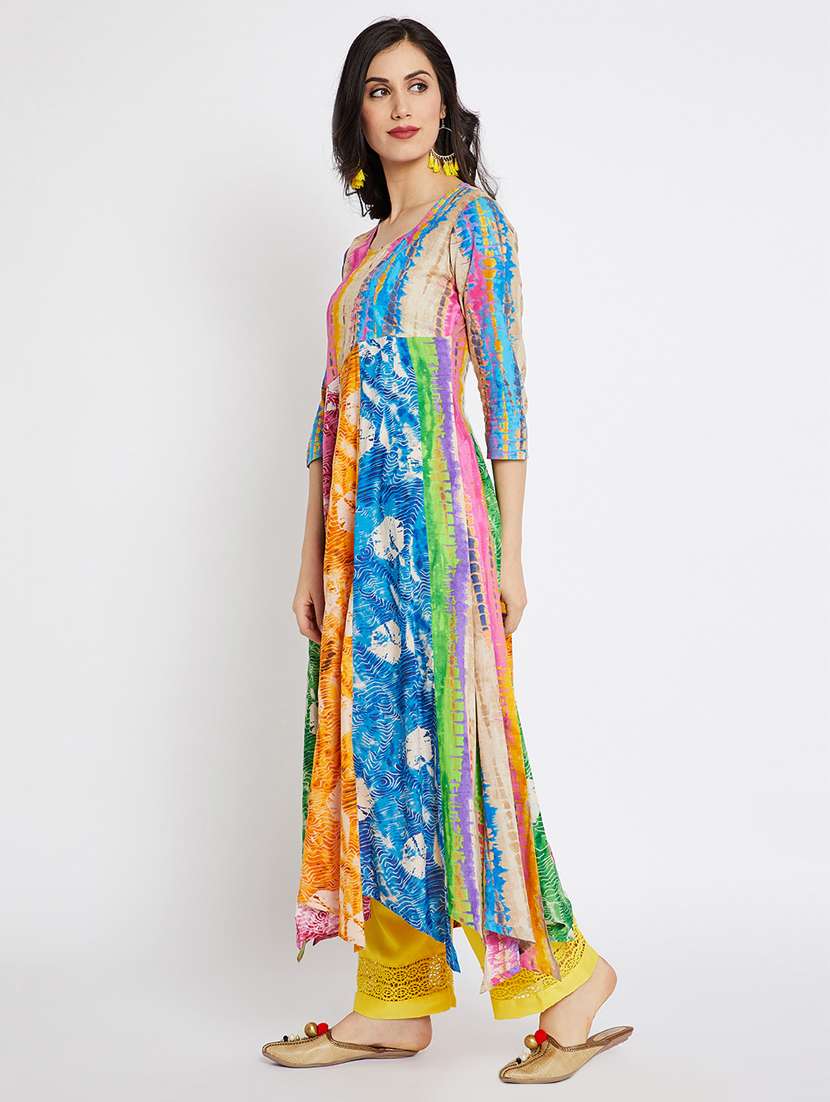 yellow cotton asymmetric kurta - 15201843 - Standard Image - 2