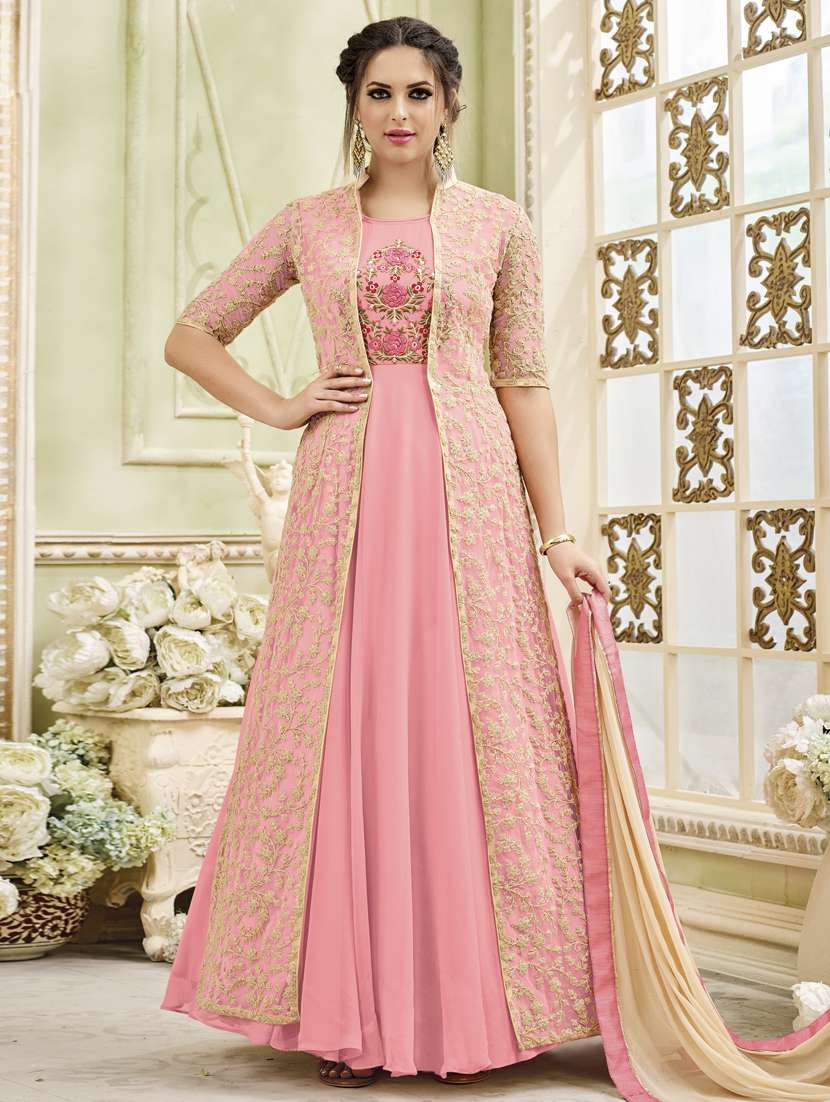 pink embroidered semi-stitched flared suit