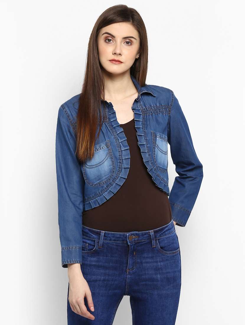 blue solid long sleeves denim crop jackets