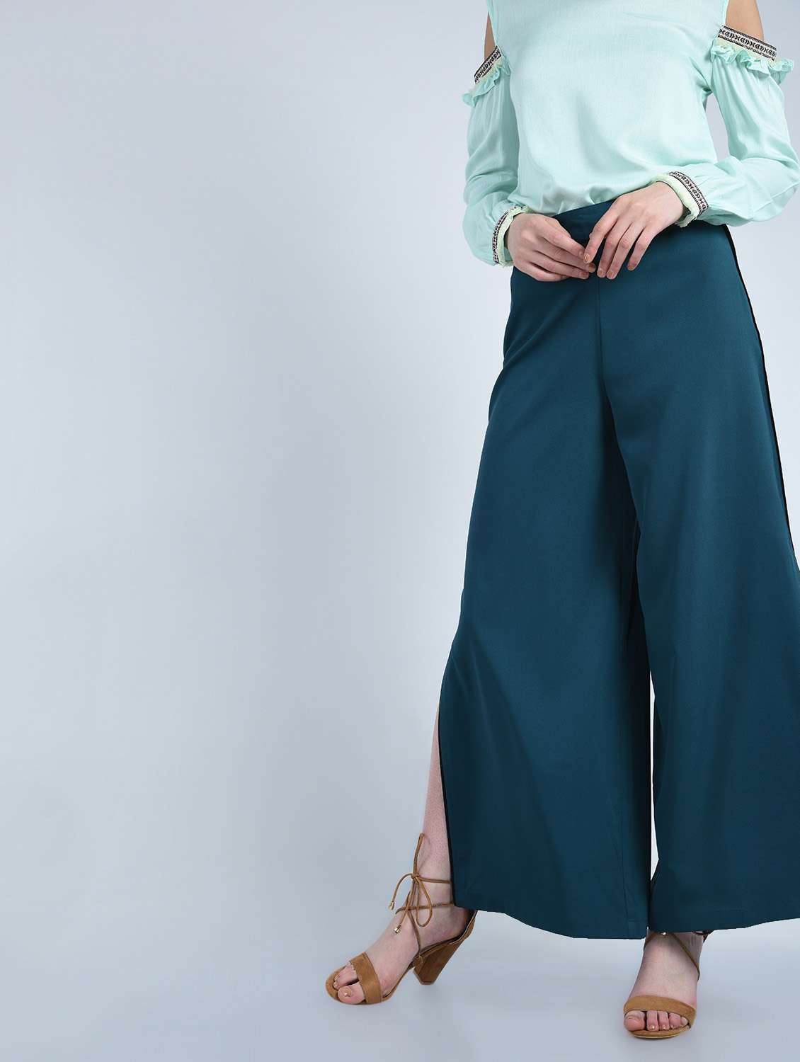solid green side slit palazzo