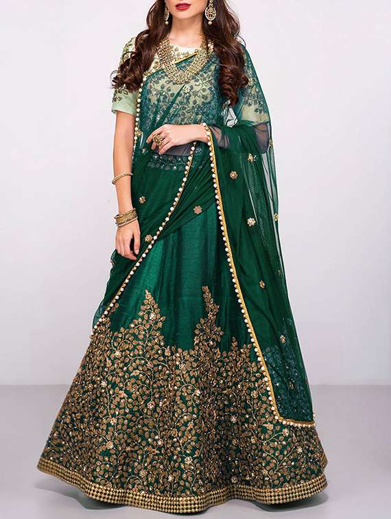 green silk flared lehenga