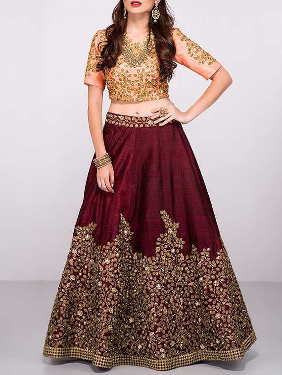 maroon silk flared lehenga