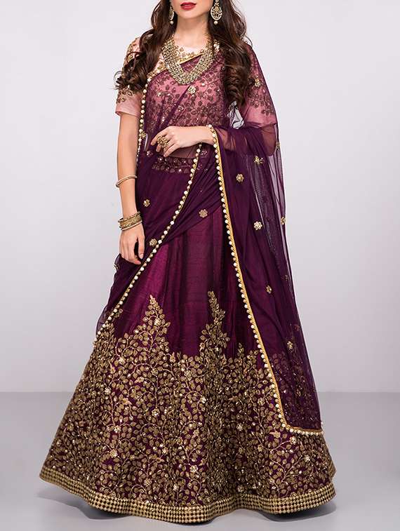 purple silk flared lehenga