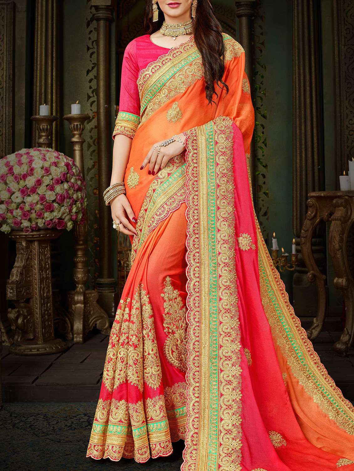 orange chiffon embroidered saree