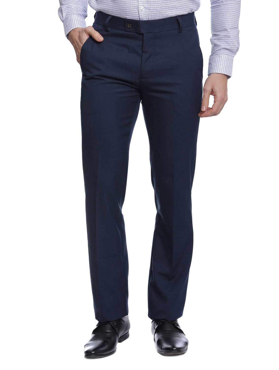blue cotton flat front formal trouser