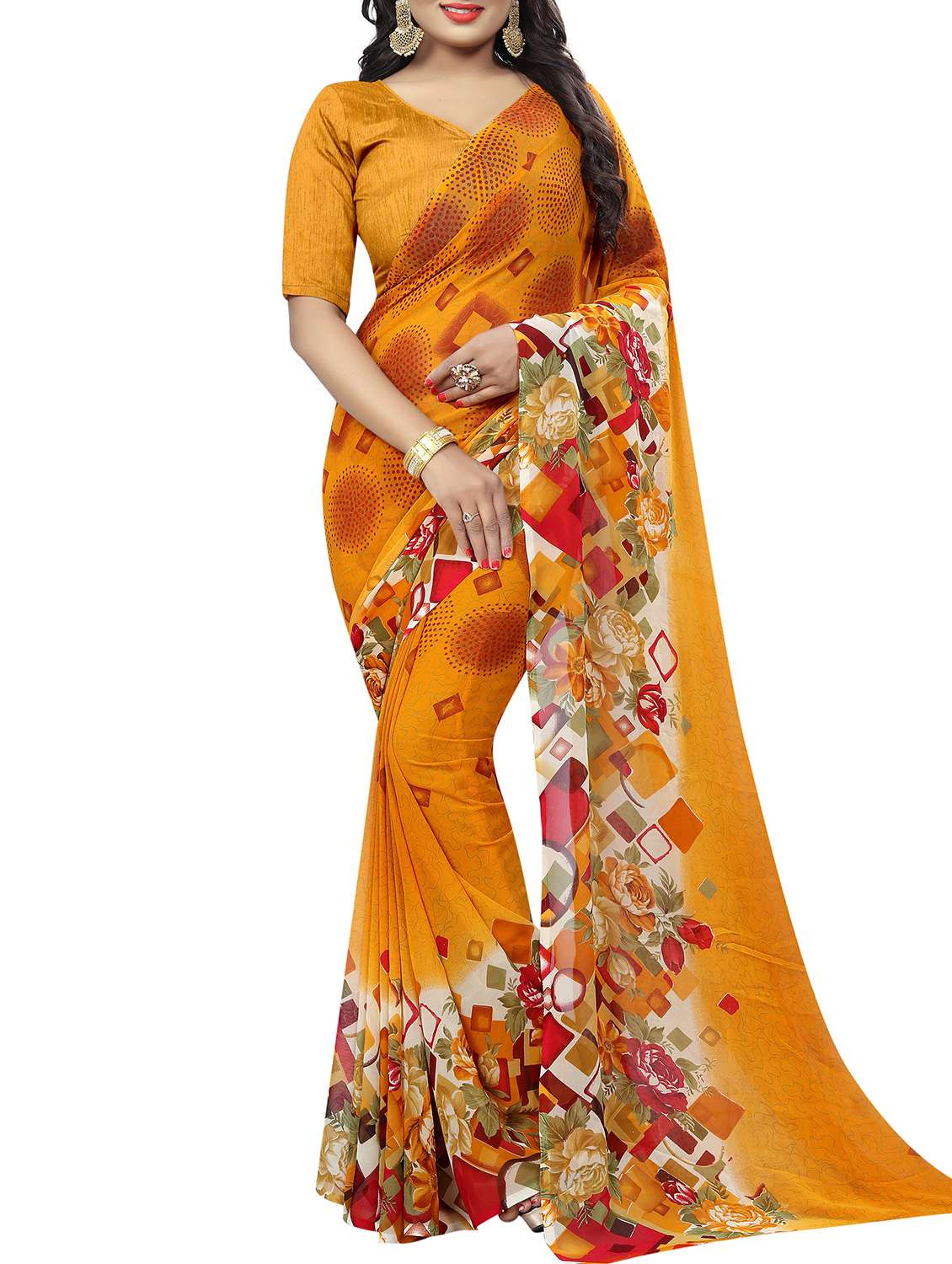 yellow georgette printed saree with blouse