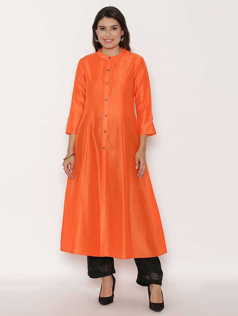 orange chanderi a-line solid kurta