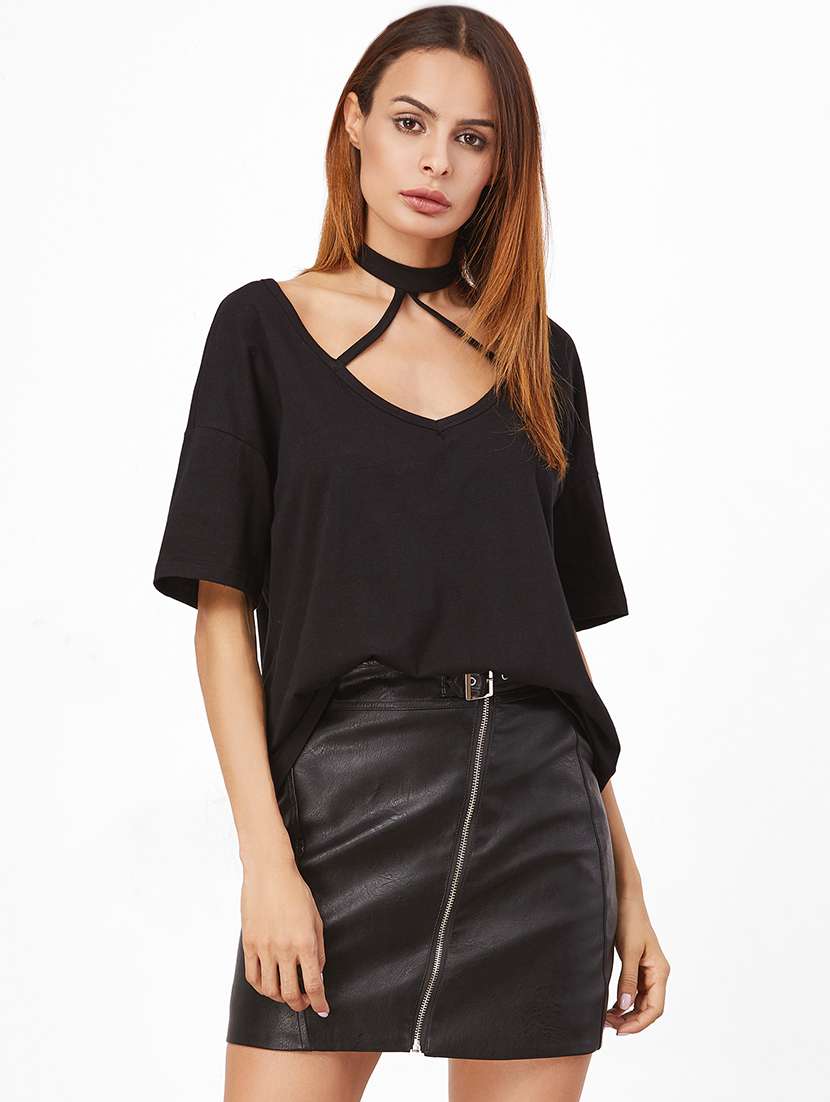 drop shoulder choker neck top