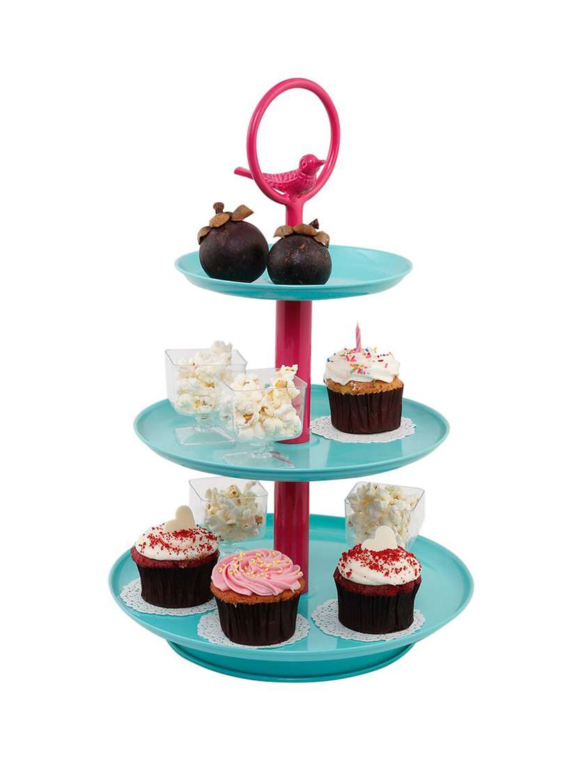 elan tweet three tier cupcake and dessert stand, metal, aqua with pink