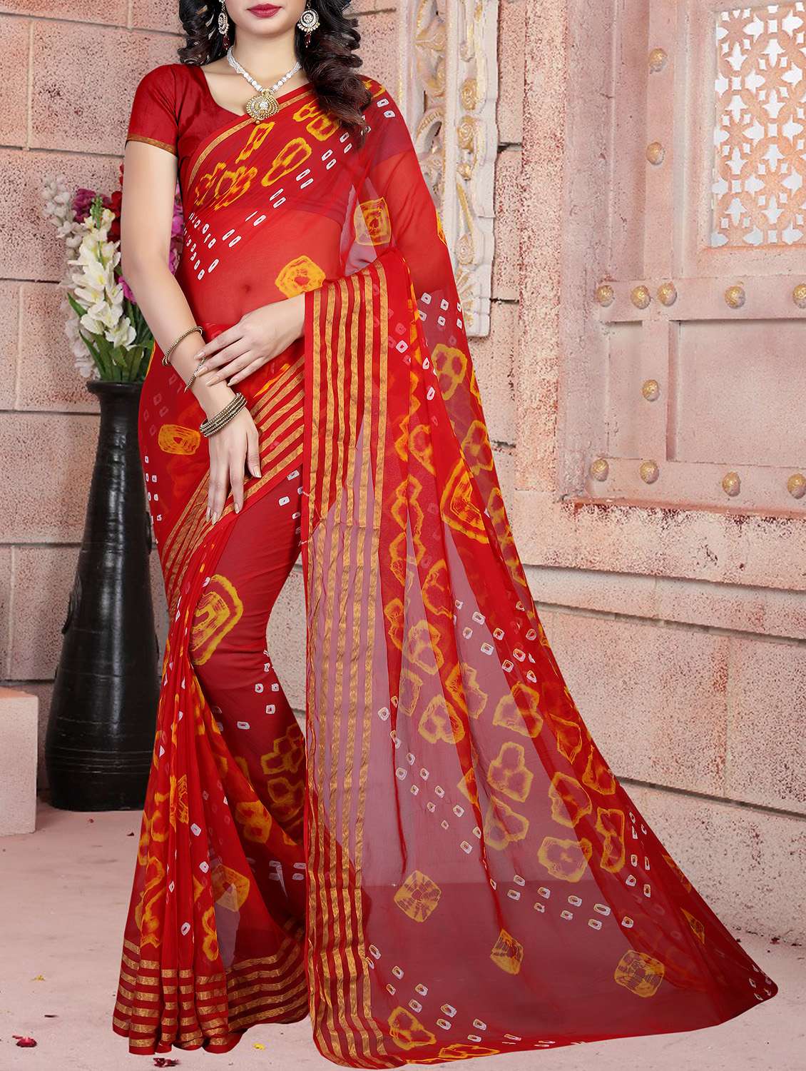 red chiffon bandhani saree with blouse