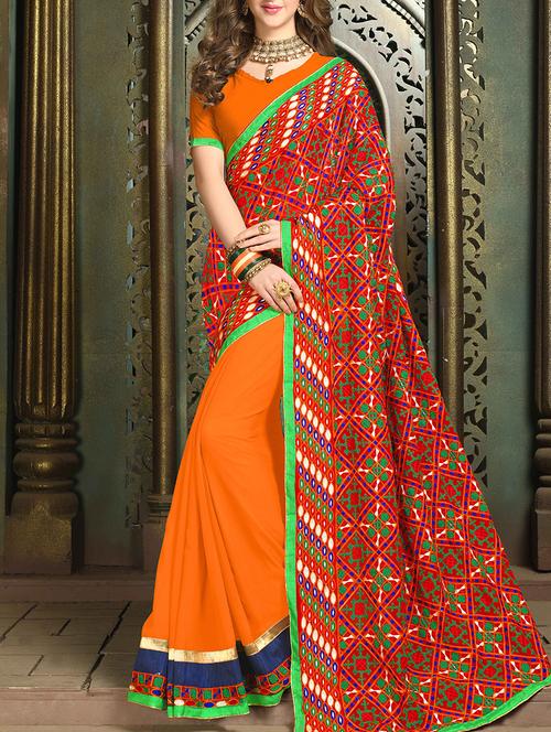 women's solid with work red colored saree with blouse - 15227460 - Standard Image - 0