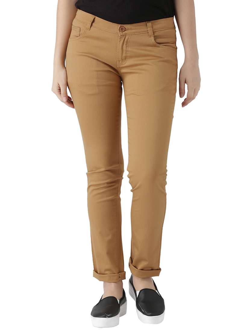 brown solid cotton trouser
