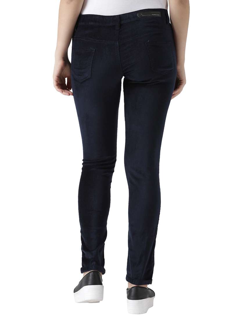 dark blue solid cotton flat front trousers - 15228084 -  Standard Image - 2