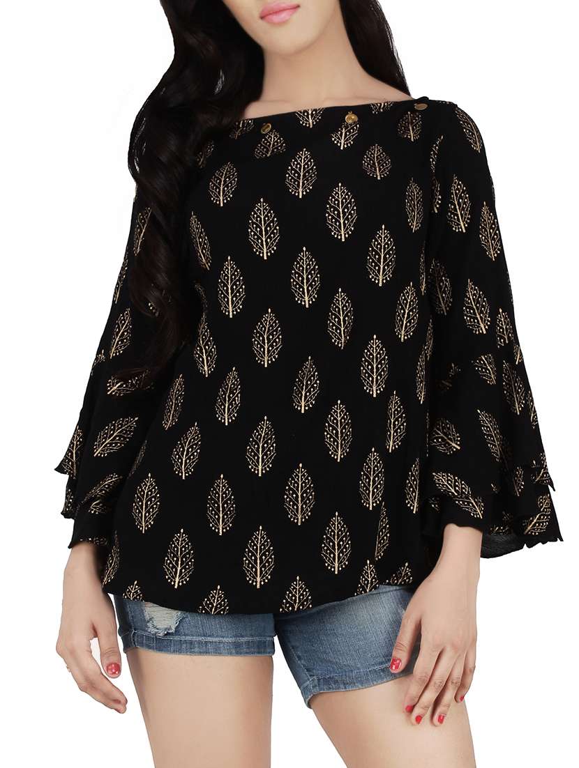 foil print bell sleeve top