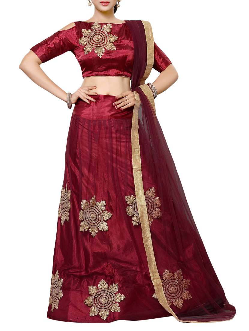 maroon net flared lehenga