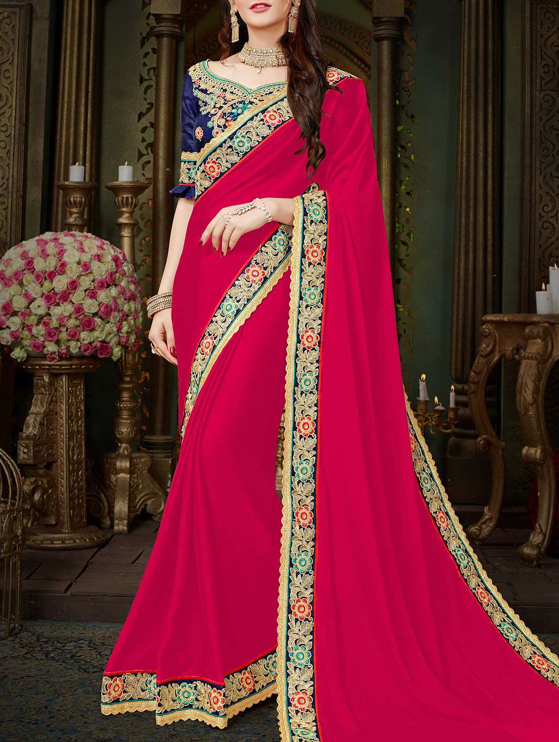 pink georgette bordered saree with blouse