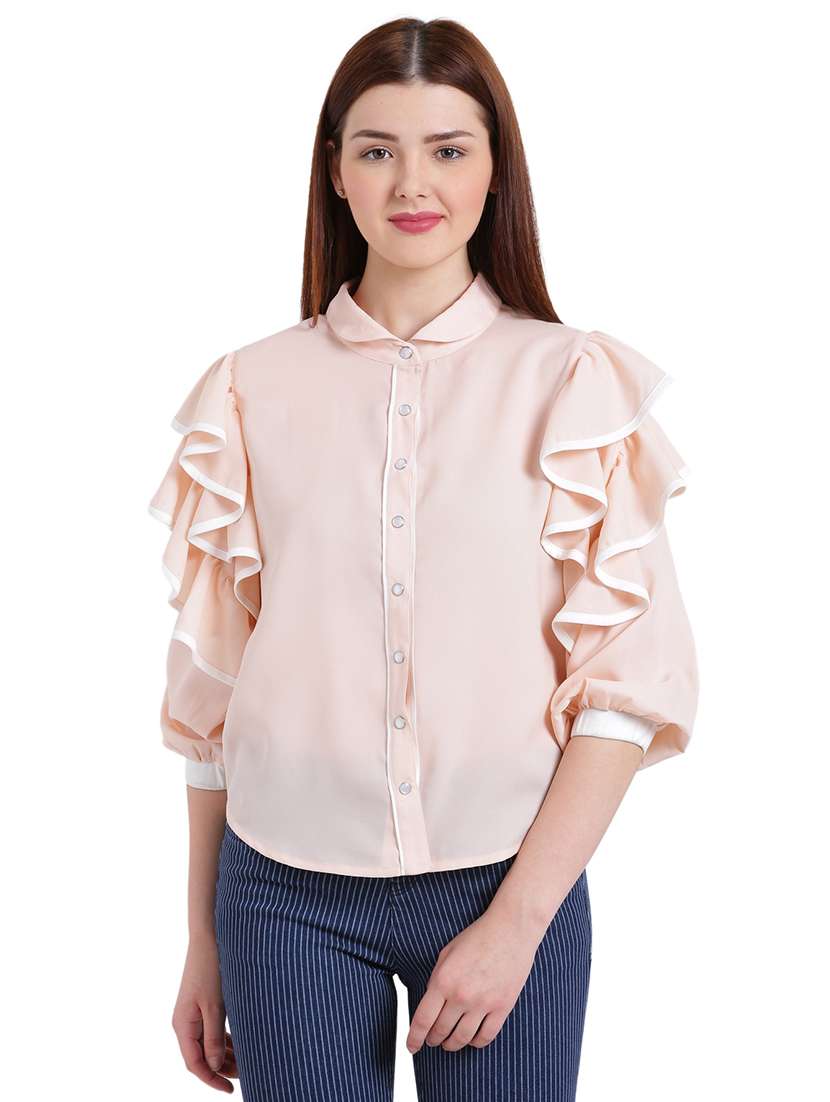 pink solid ruffled shirt