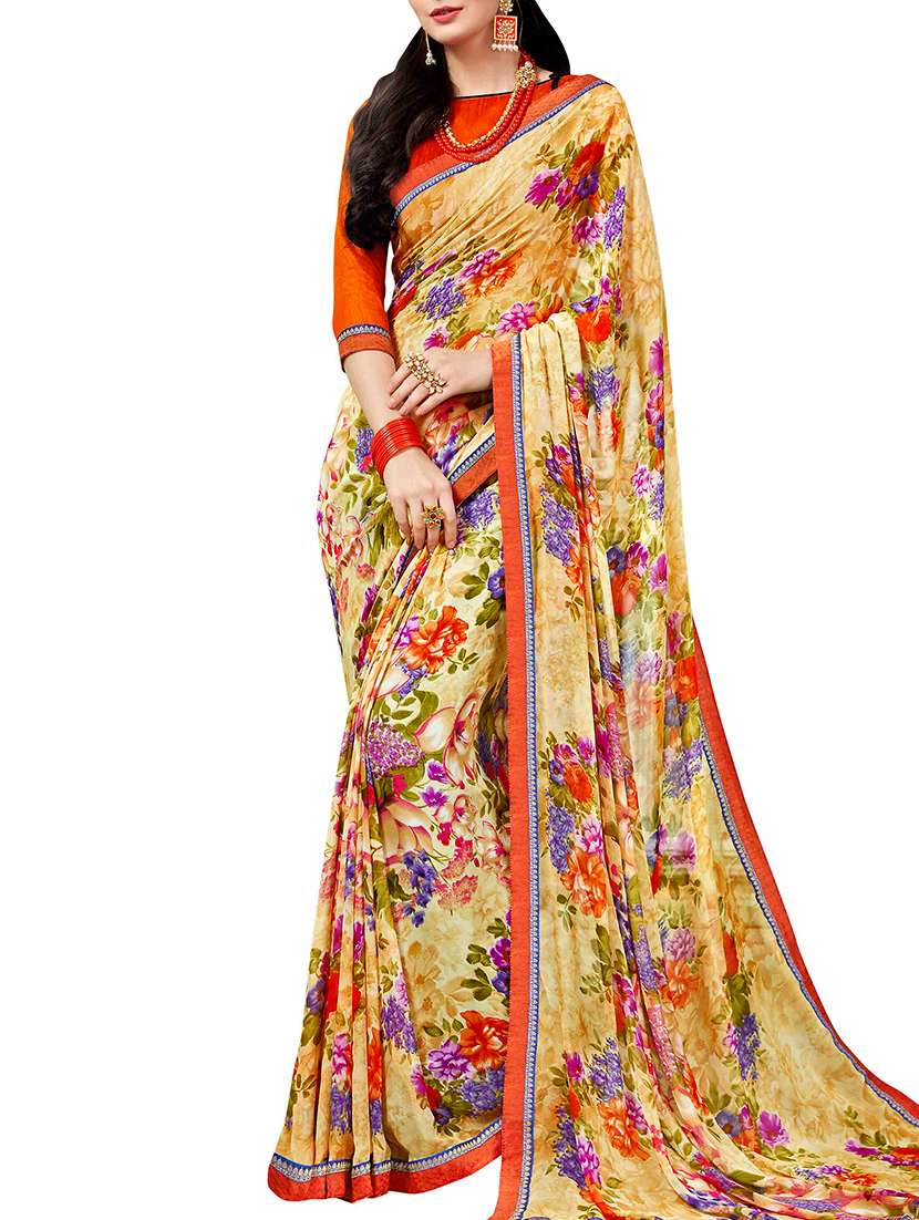 lace border floral printed saree with blouse