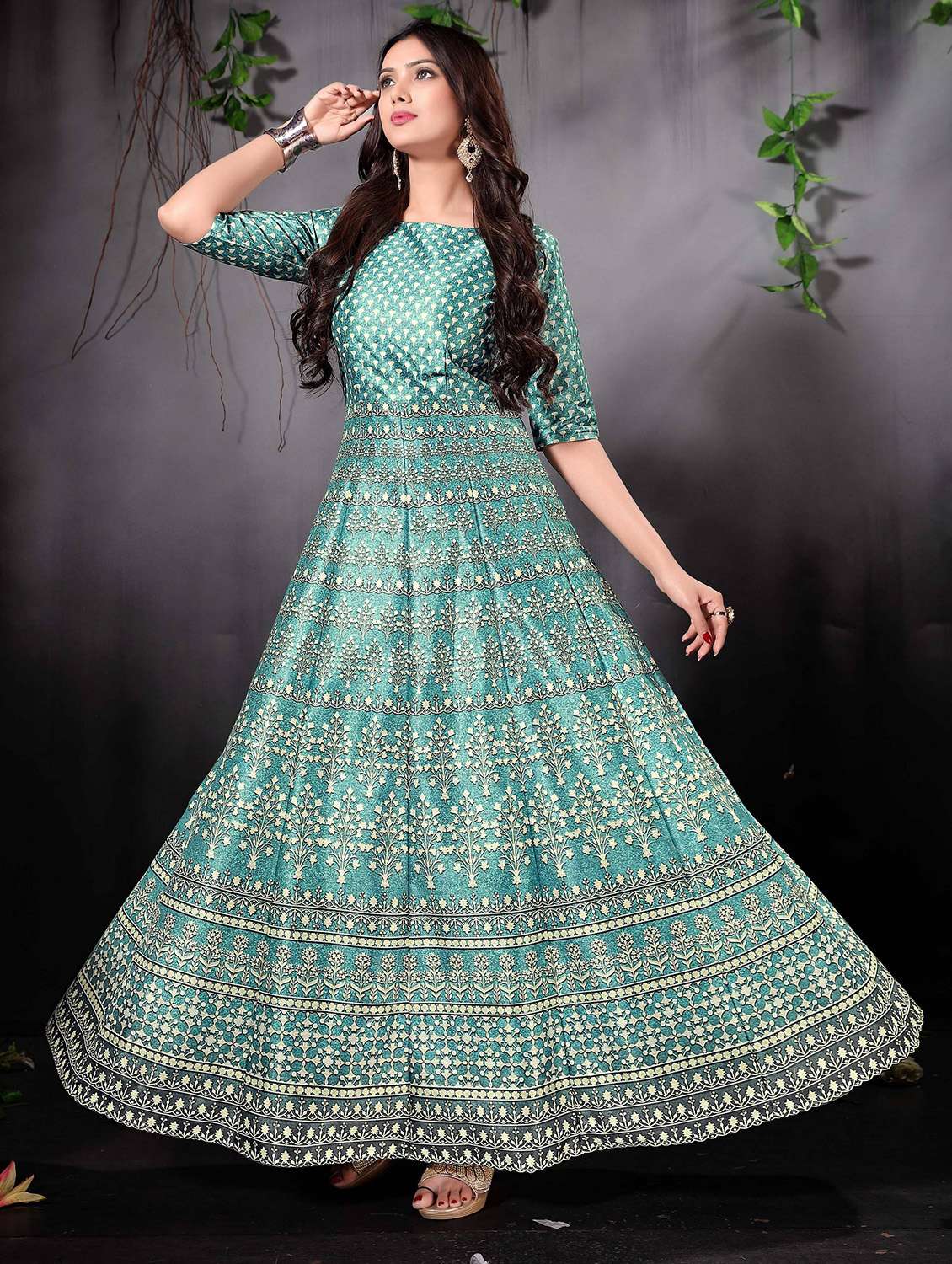 green silk flared gown