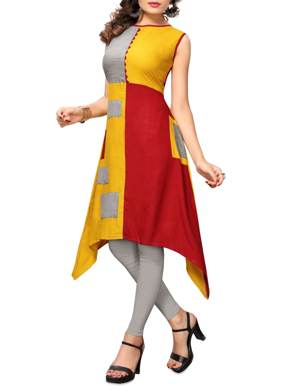 yellow rayon asymmetric kurta